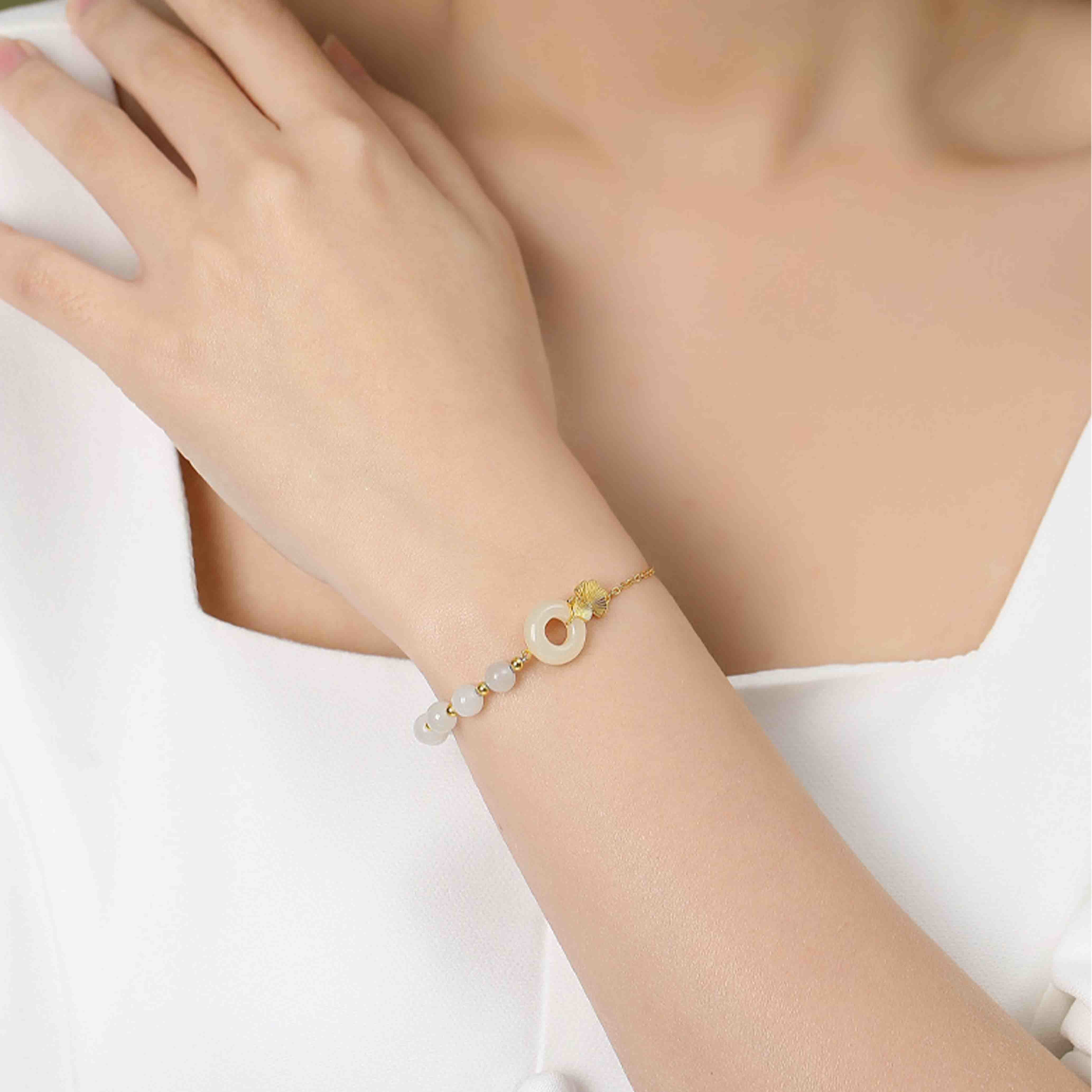 925 Sterling Silver Hetian White Jade Peace Buckle Ginkgo Leaf Luck Bracelet