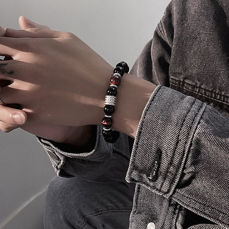 10mm Black Obsidian and Tiger Eye Beaded Bracelet with Titanium Steel