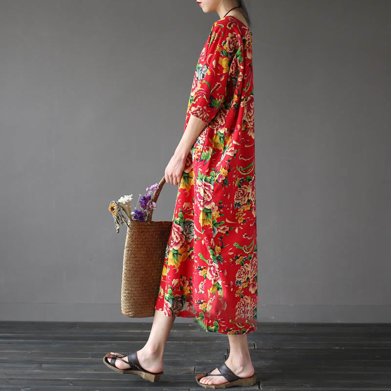 Red Peony Flowers Printed Midi Dress Half Sleeve Cotton Linen Dress