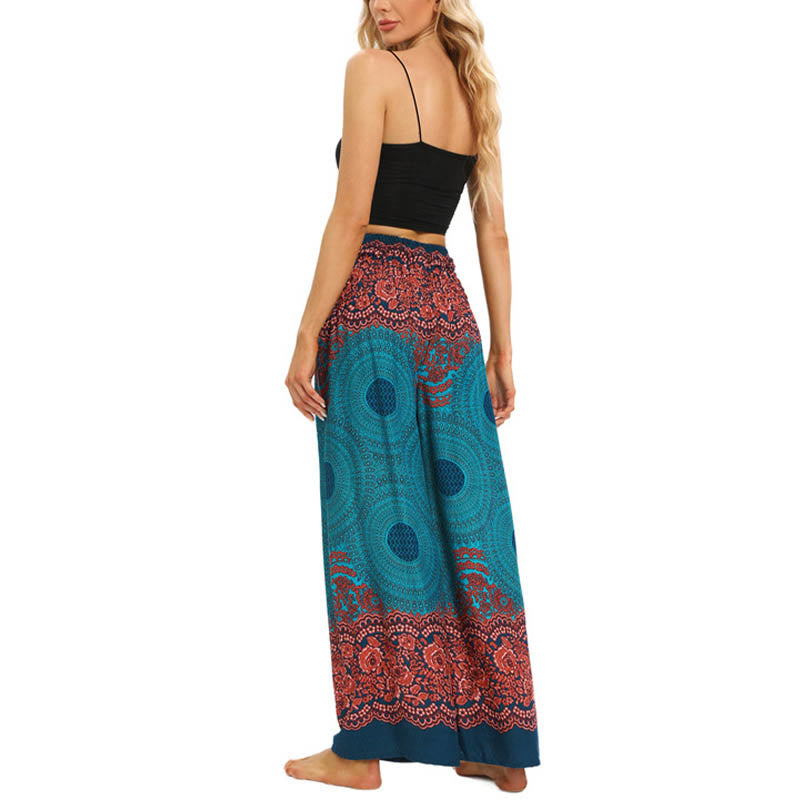 Bohemian Compass Flower Print Lace-up Wide Leg Pants Women's Yoga Pants