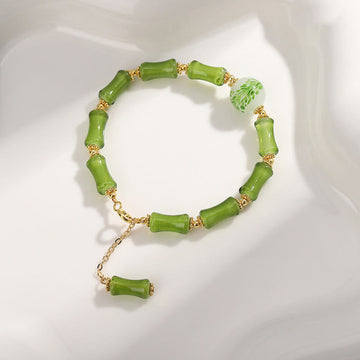 Handcrafted Moss Agate and Green Liuli Crystal Bamboo Motif Chain Bracelet
