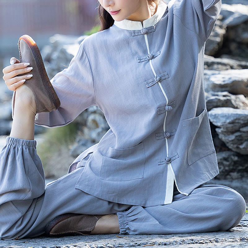 2Pcs Frog-Button Long Sleeve Shirt Top Pants Meditation Zen Tai Chi Cotton Linen Clothing Women's Set