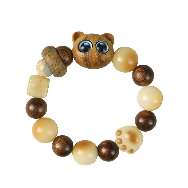 Natural Bodhi Seed Sandalwood Lucky Cute Cat Head Paw Claw Peace Bracelet