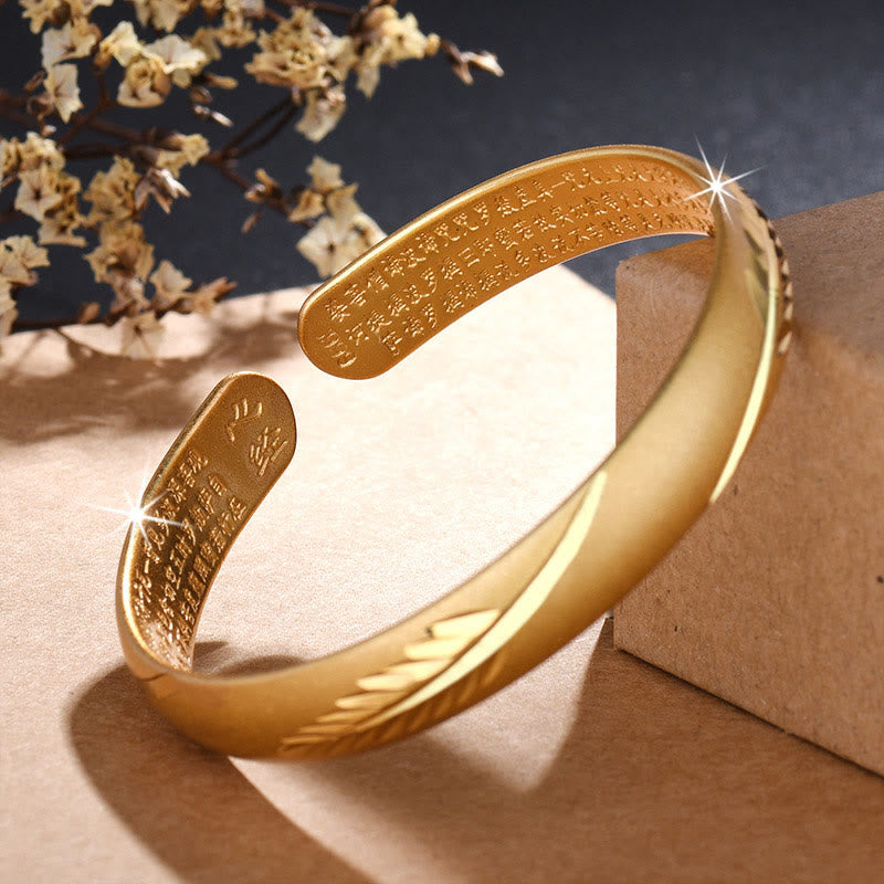 Feather Heart Sutra Engraved Pattern Wealth Copper Cuff Bracelet Bangle