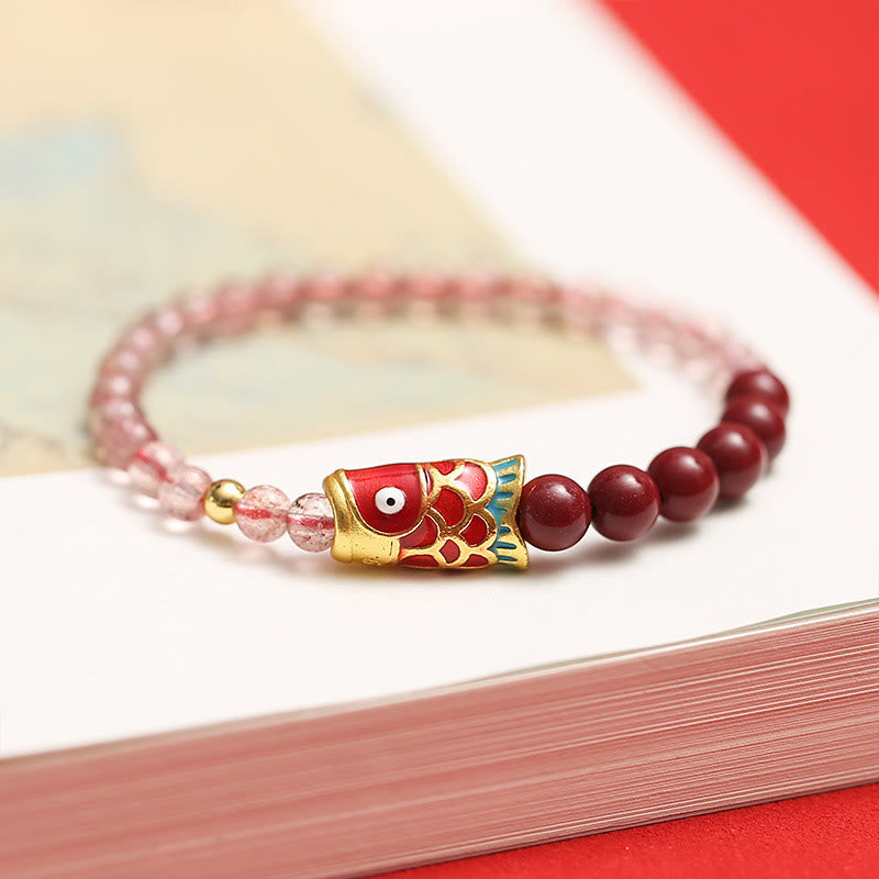 Natural Strawberry Quartz Cinnabar Lucky Koi Fish Healing Bracelet