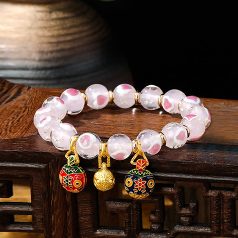 Gold Swallowing Beast Family Pink Love Heart Luminous Fluorescent Liuli Glass Bead Bracelet