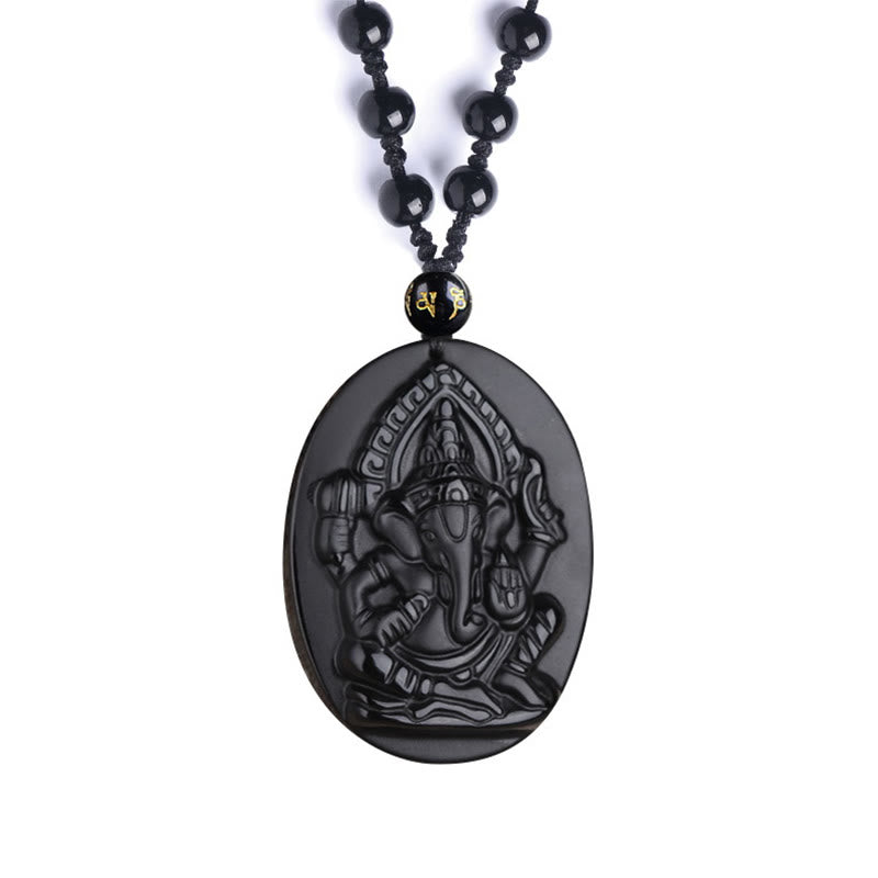 Tibetan Obsidian Ganesh Ganpati Elephant Wealth Amulet Necklace