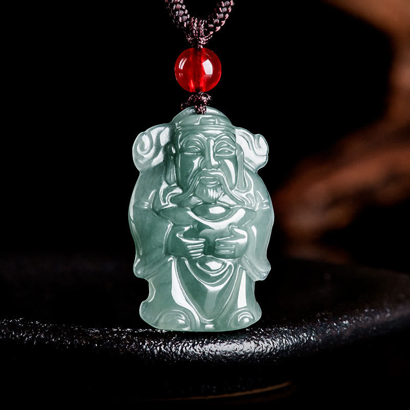 Natural Green Jade Chinese God of Wealth Caishen Ingot Abundance Necklace Pendant