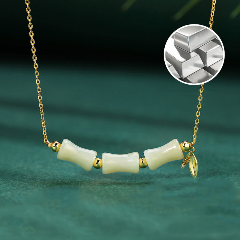 925 Sterling Silver Hetian Jade Bamboo Fu Character Prosperity Necklace Pendant Bracelet