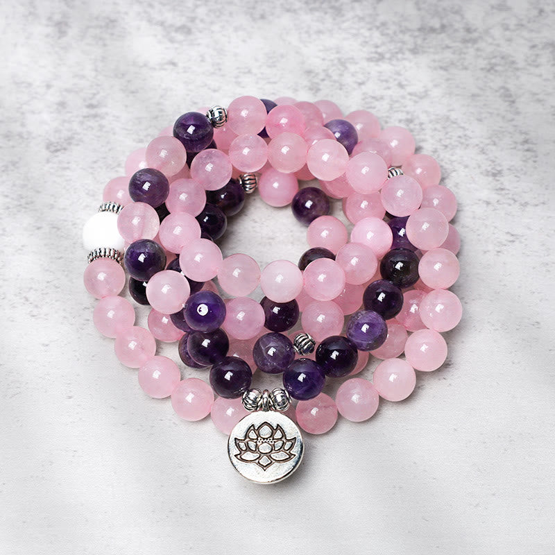 Natural Rose Quartz & Amethyst Om Mani Padme Hum Mala Bead Pendant Bracelet
