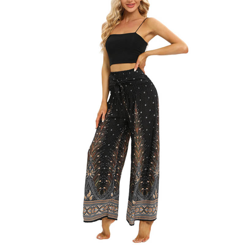 Boho Peacock Feathers Lace-up Wide Leg Pants Women's Yoga Pants