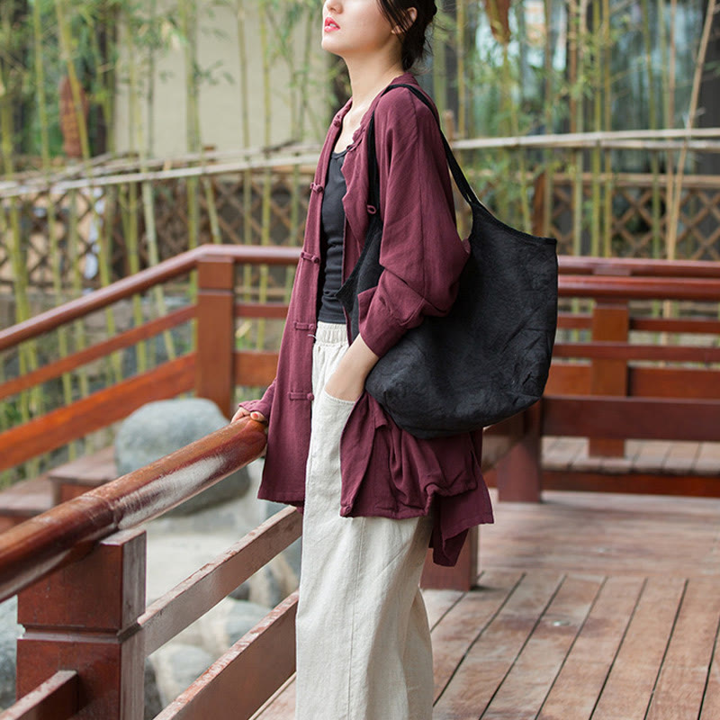 Frog-Button Long Sleeve Zen Meditation Open Front Jacket With Pockets