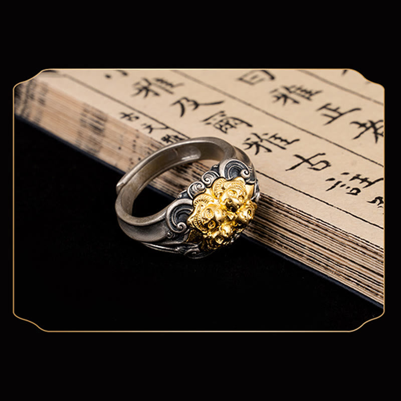 Adjustable 925 Sterling Silver Gold Kapala Tibetan Skull Ring