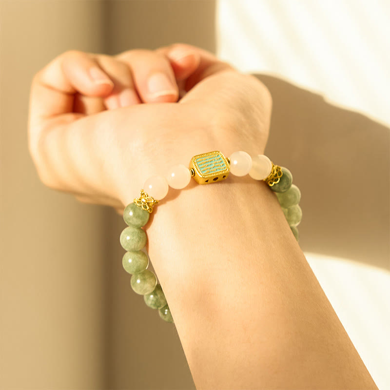 Natural Green Jade White Agate Five Scriptures Abundance Bracelet