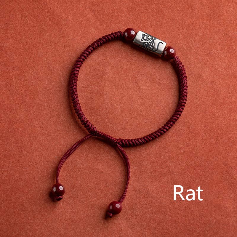 925 Sterling Silver 12 Chinese Zodiac Cinnabar String Bracelet