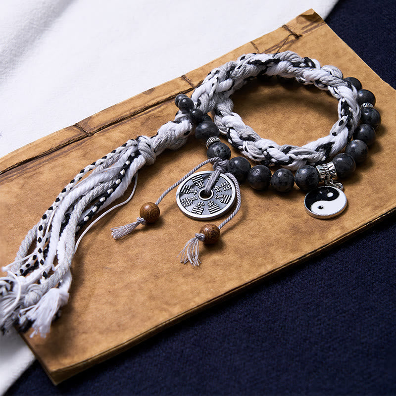 Mountain Ghost Coin & Yin Yang Bagua Rune Double Layer Rope Bracelet