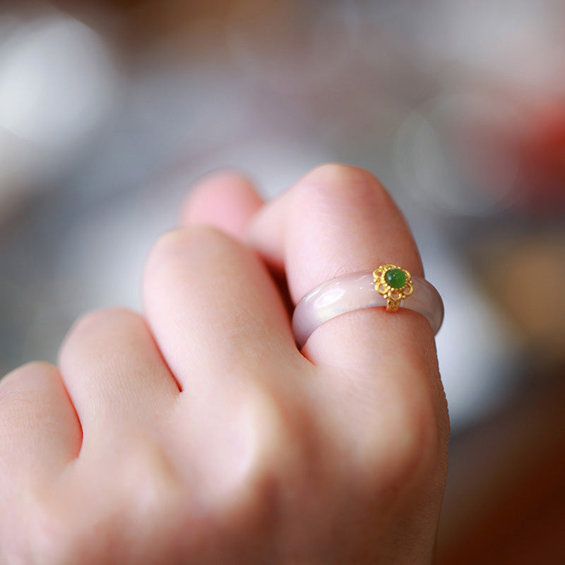 White Agate Cyan Jade Turquoise Red Agate Luck Protection Ring