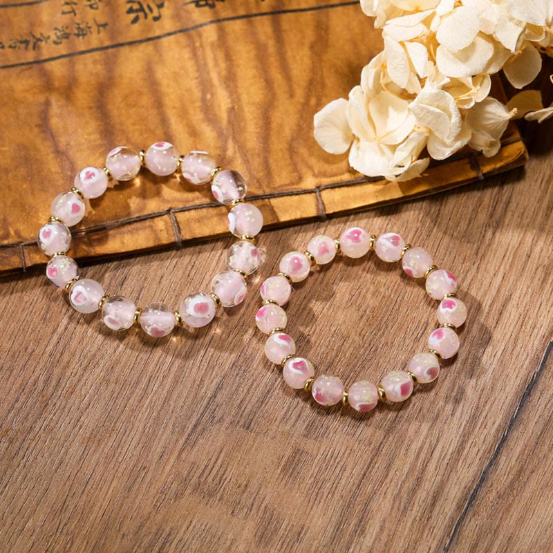 Gold Swallowing Beast Family Charm Luminous Pink Love Heart Fluorescent Liuli Glass Bead Blessings Bracelet