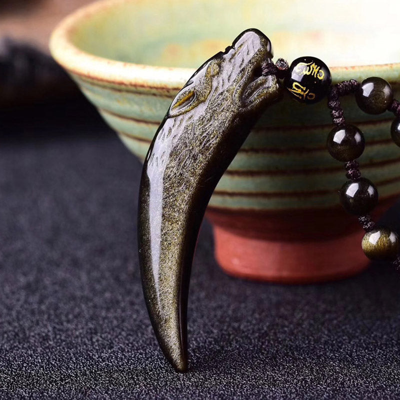 Natural Black Obsidian Ice Obsidian Rainbow Obsidian Wolf Tooth Pattern Strength Necklace Pendant