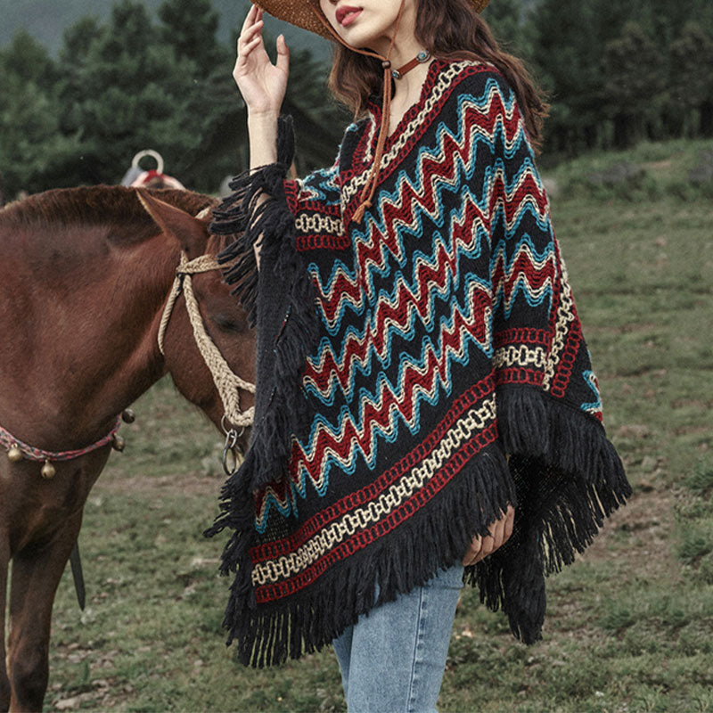 Tibetan Shawl Striped Knitted Tassels Pullover Winter Cozy Travel Scarf Wrap