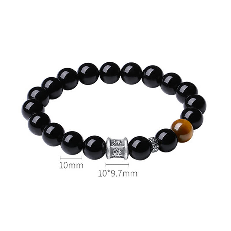 999 Fine Silver Om Mani Padme Hum Mantra Black Obsidian & Tiger Eye Beaded Bracelet