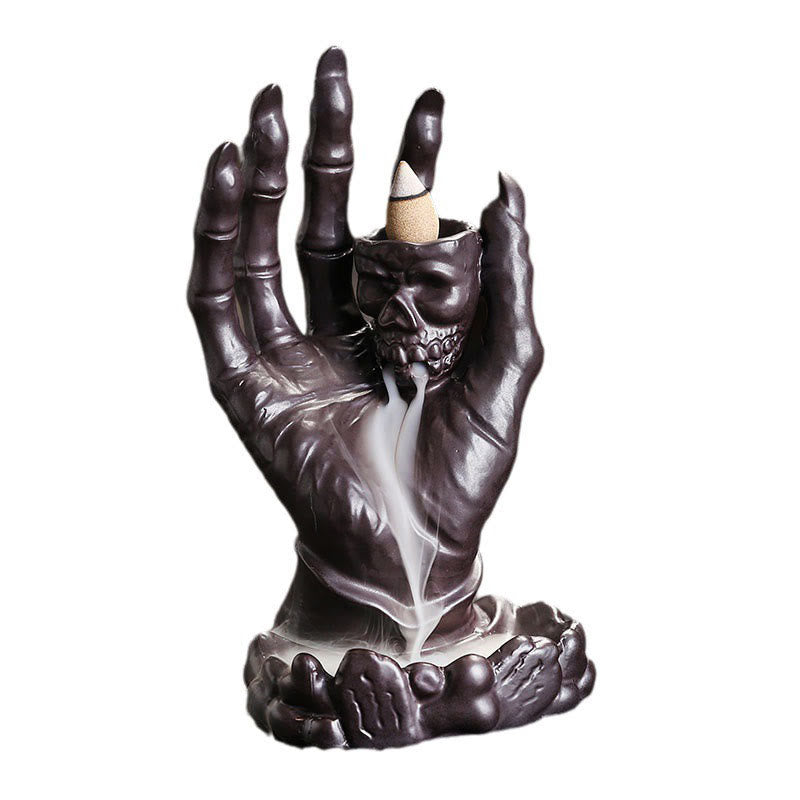 Ceramic Skull and Skeletal Hand Backflow Incense Burner for Atmospheric Meditation