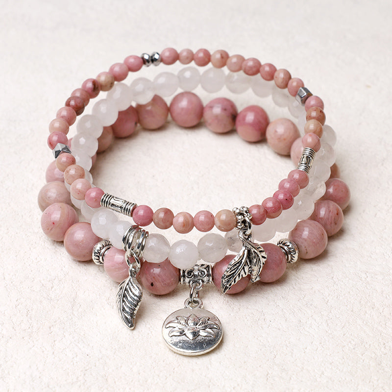 3PCS Natural Gemstone Beaded Lotus Charm Bracelet Set