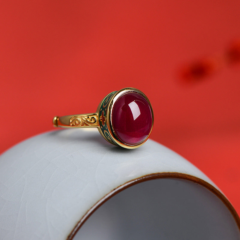 Adjustable 925 Sterling Silver Ruby Ring with Floral & Leaf Motifs