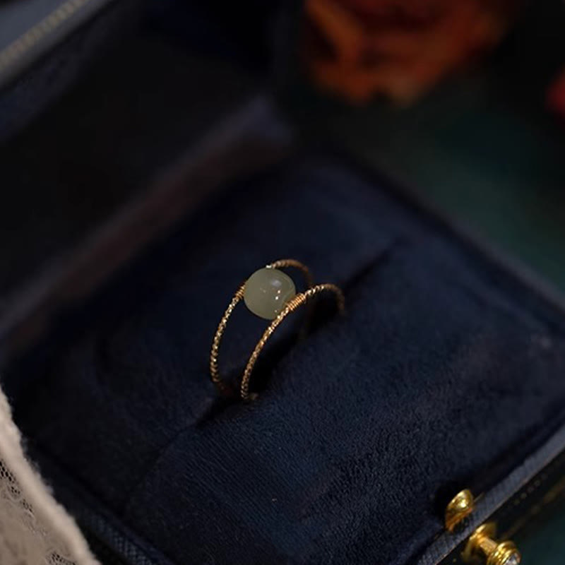 Round Jade Pearl Bead Double Layer Copper Luck Adjustable Ring