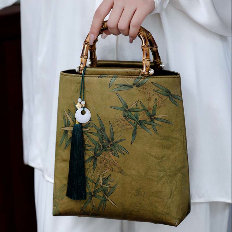 Yellow Green Bamboo Leaves Bamboo Handles Handbag