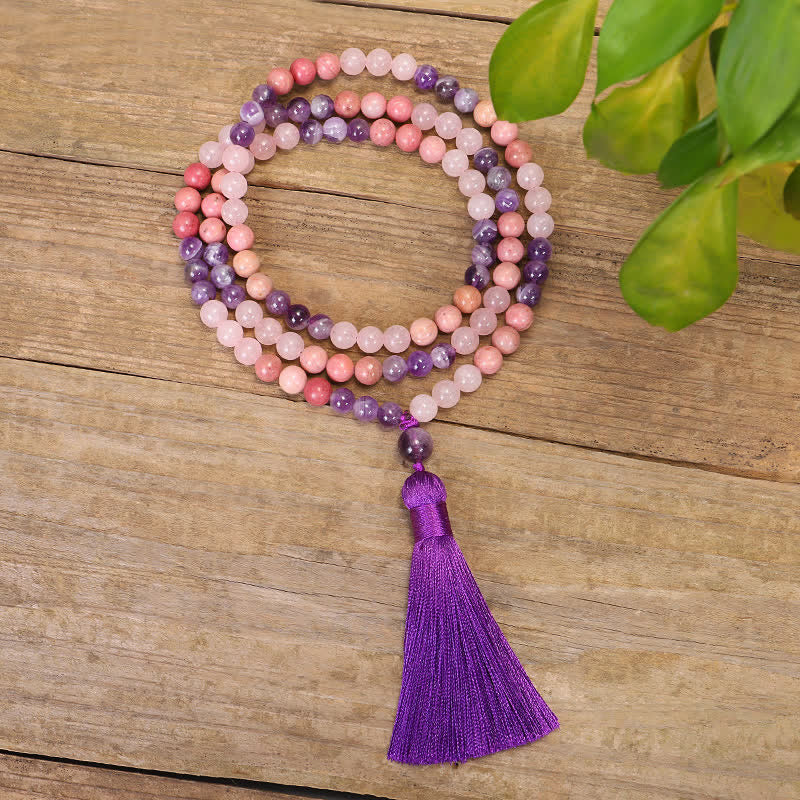 108 Mala Beads Amethyst Rose Quartz Spiritual Healing Tassel Bracelet
