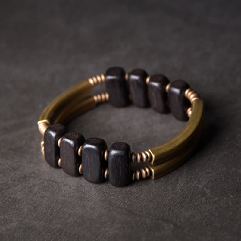 Tibetan Ebony Wood Brass Copper Balance Double Layer Bracelet