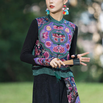 Frog-Button Embroidery Flowers Cotton Linen Tang Suit Design Sleeveless Vest