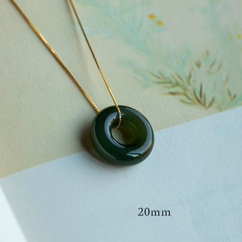 Natural Round Jade Ping An Kou 925 Sterling Silver Gold Plated Pendant Necklace