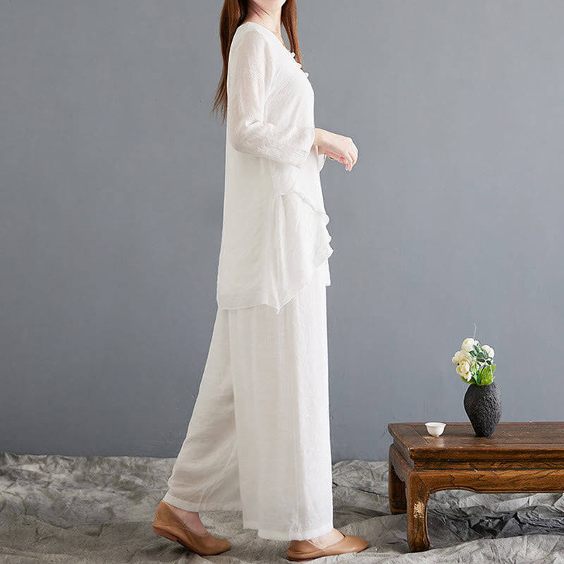 Breathable Cotton Linen Wide-Leg Meditation Shirt and Pants Set