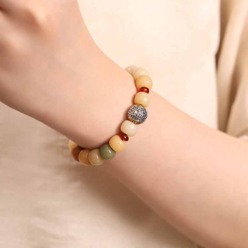 Natural Bodhi Seed & Red Sandalwood Om Mani Padme Hum Citipati Kapala Bracelet