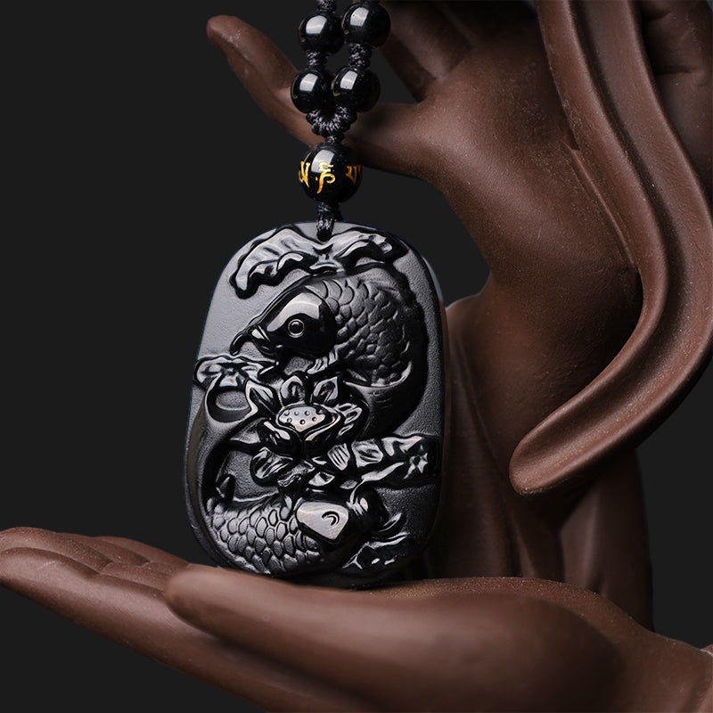 Natural Black Obsidian Koi Fish Lotus Strength Beaded Necklace Pendant