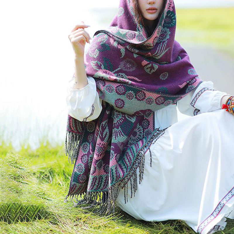 Tibetan Flower Floral Leaves Pattern Design Shawl Cozy Travel Scarf Wrap