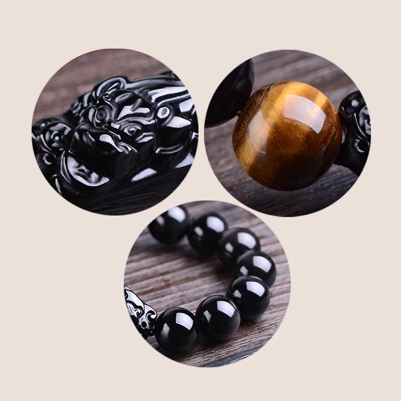 Natural Black Obsidian and Tiger Eye Pixiu Beaded Energy Bracelet