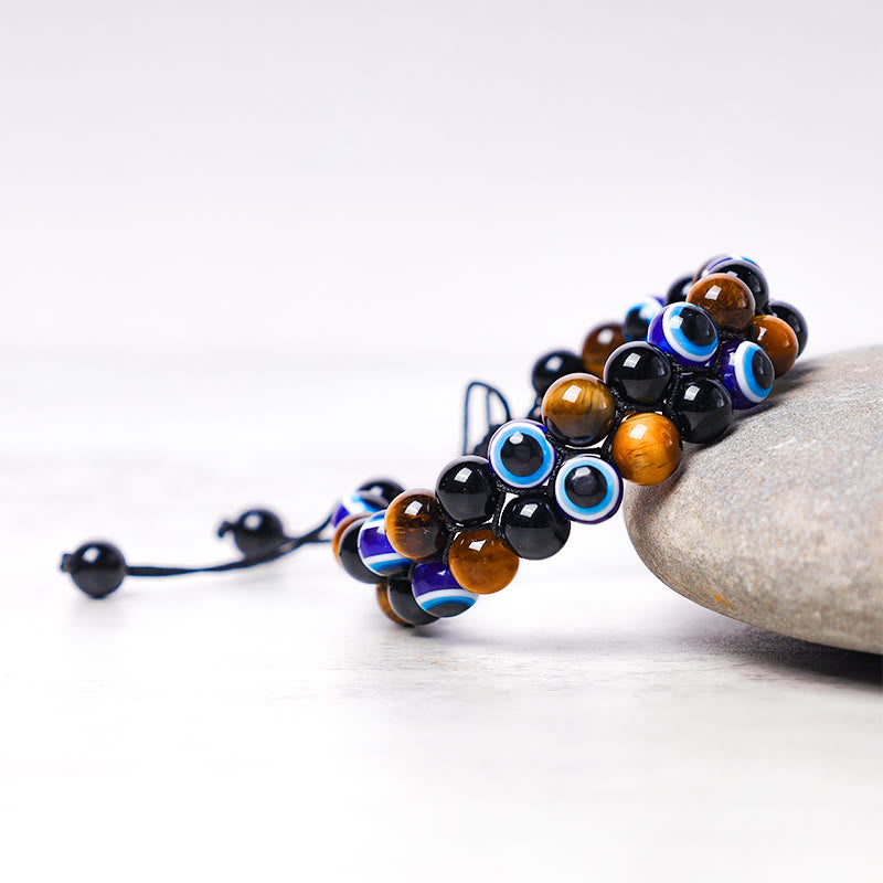 Handmade Evil Eye Hematite and Tiger Eye Adjustable Beaded Bracelet for Men and Women