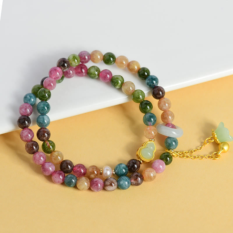 Multicolored Tourmaline Chalcedony Double Wrap Bracelet with Lily of the Valley & Wu Lou Gourd Charms