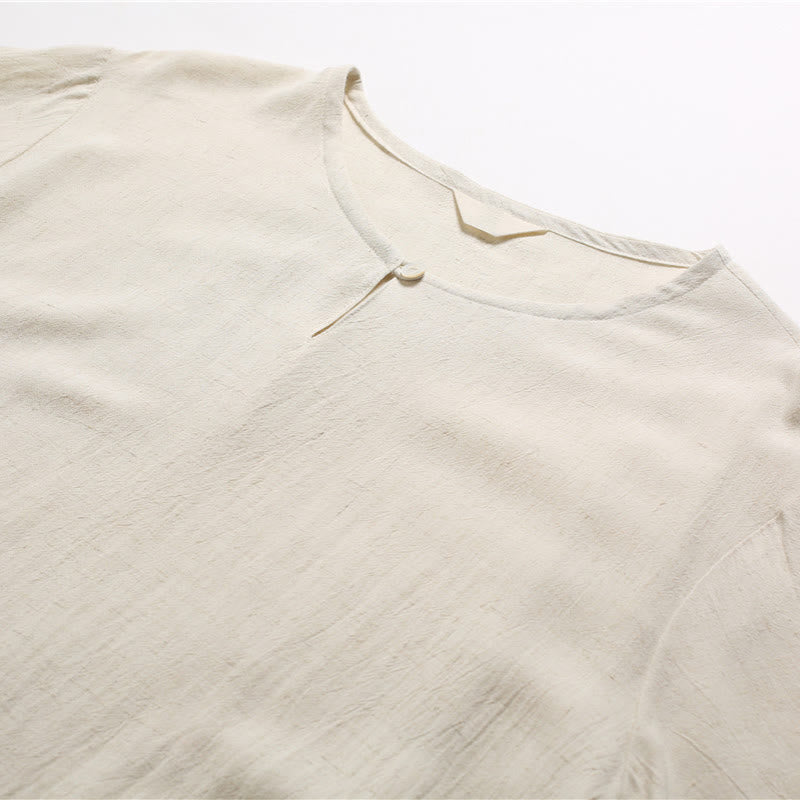 Breathable Cotton-Linen Crew Neck Short Sleeve Meditation Shirt