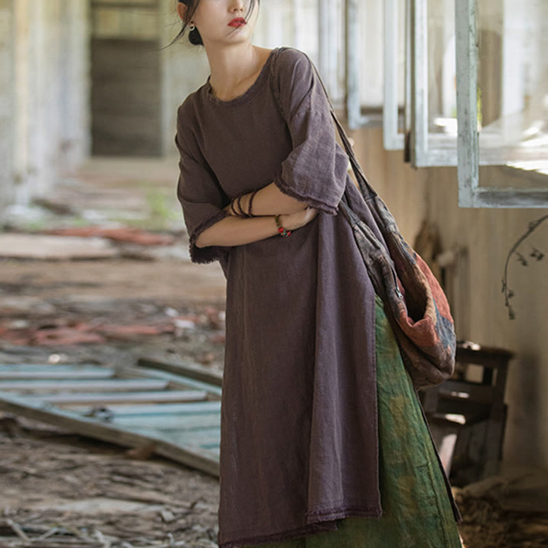 Mid Length Dress Ramie Linen Half Sleeve Split Hem Top T-Shirt