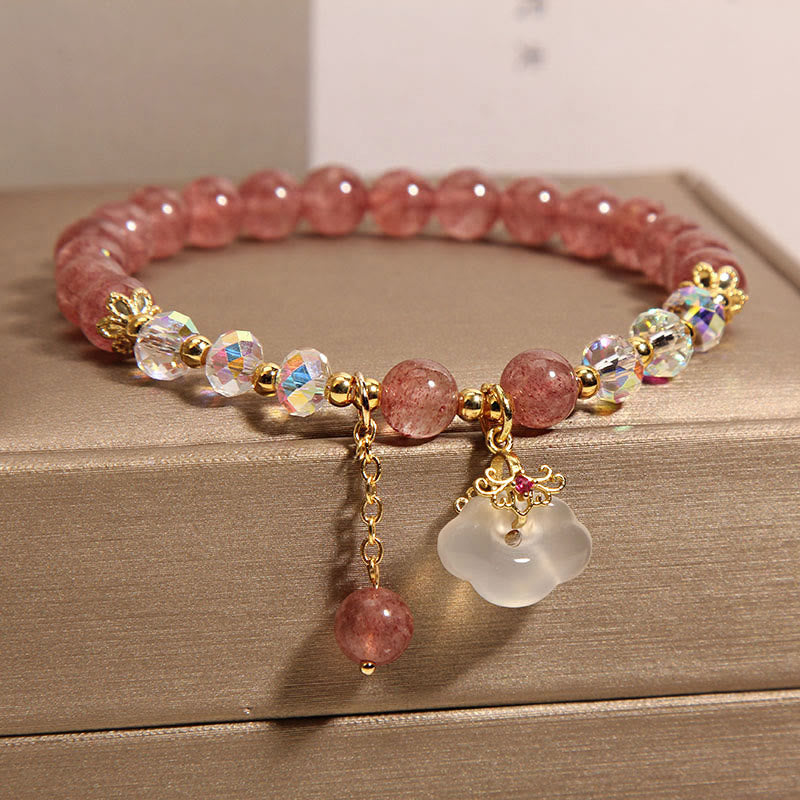 Natural Strawberry Quartz and White Agate Auspicious Cloud Beaded Crystal Bracelet