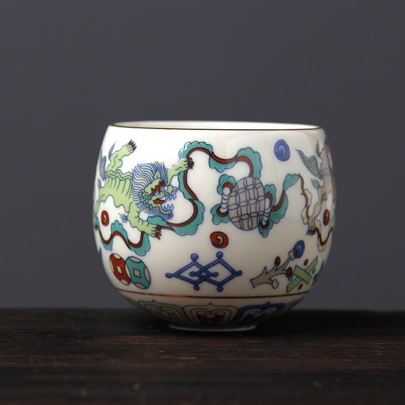 Vintage Plum Blossom Pine Bamboo Phoenix Kirin Lion Dancing Ceramic Teacup Tea Cups