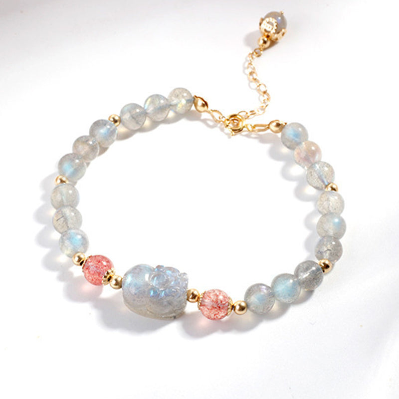 Moonstone and Strawberry Quartz Gold Pixiu Beaded Bracelet