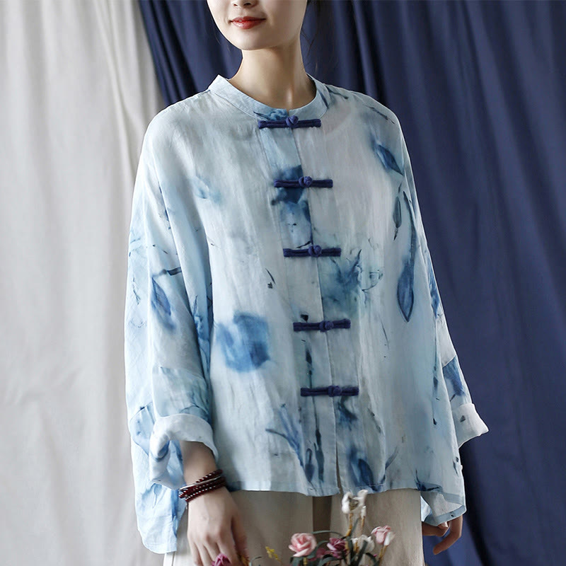 Tie Dye Blue Flowers Frog-Button Design Long Sleeve Ramie Linen Jacket Shirt