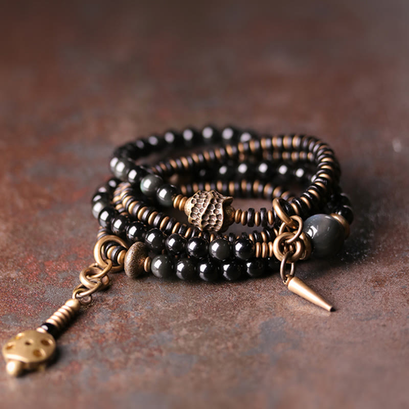 Rainbow Obsidian Ebony Wood Copper Positive Multilayer Bracelet