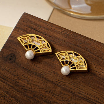 925 Sterling Silver Fan Pattern Pearl and Copper Stud Drop Earrings