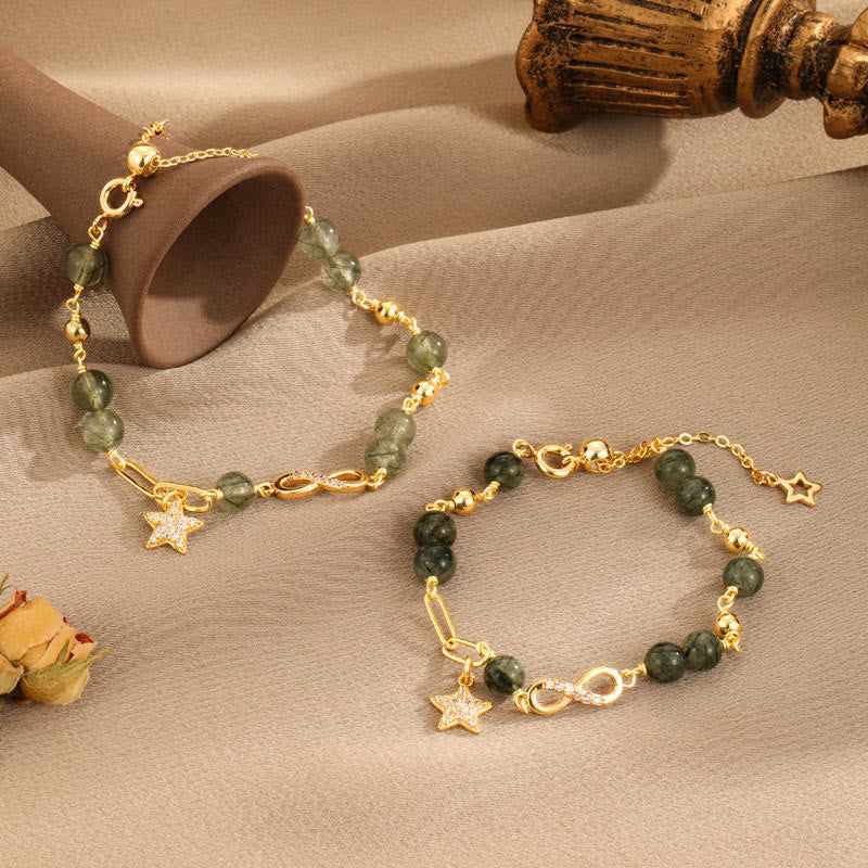 14k Gold Plated Copper Green Rutilated Quartz Möbius Loop Eternal Love Star Protection Bracelet